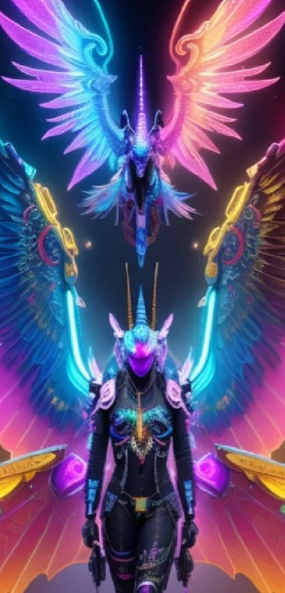 Colorful neon cyberpunk angel with vibrant wings and futuristic design.