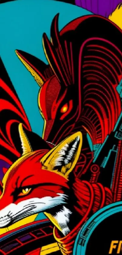 Vibrant cyberpunk fox and wolf design in neon colors.