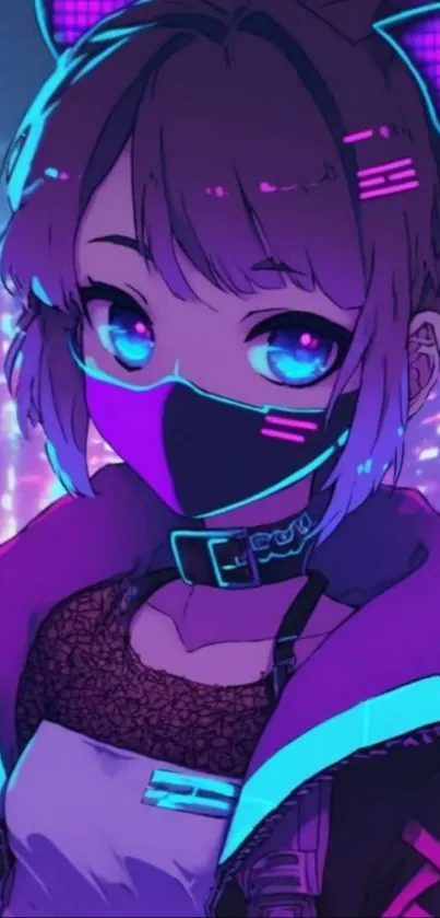 Anime character with a neon cyberpunk style mask and glowing eyes.