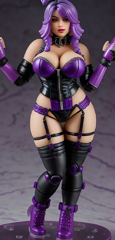 3D cyberpunk anime character in purple and black gear.