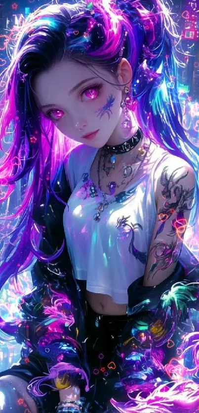 Vibrant cyberpunk anime girl wallpaper with neon colors and tattoos.