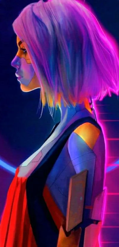 Futuristic cyberpunk figure with neon lights in a vibrant digital artwork.