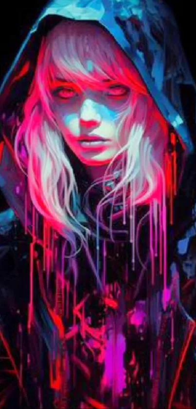 Colorful cyberpunk art with neon pink and hooded figure.