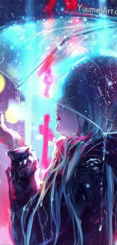 Vibrant cyberpunk art of a figure under glowing neon lights.