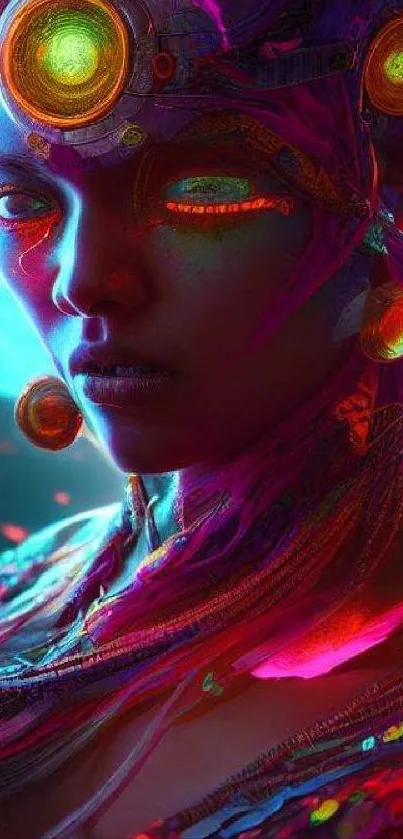 Vibrant cyberpunk art wallpaper with neon elements and a futuristic figure.