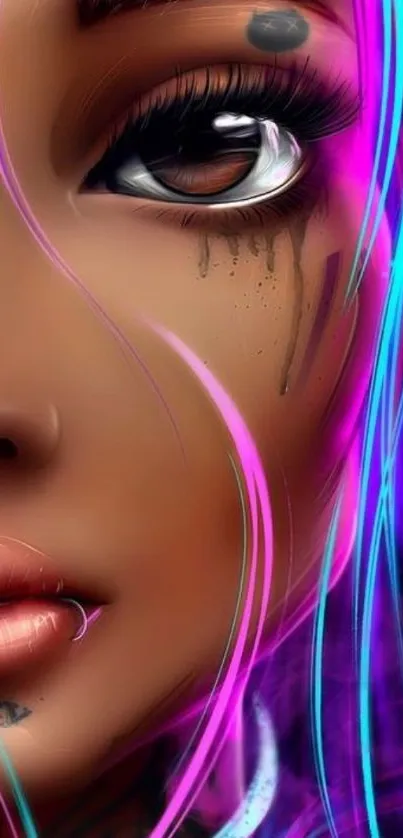 Detail of vibrant cyberpunk artwork with neon colors and digital illustration.