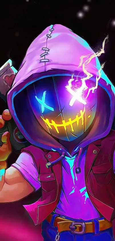 Vibrant cyberpunk wallpaper with a glowing masked character holding gadgets.