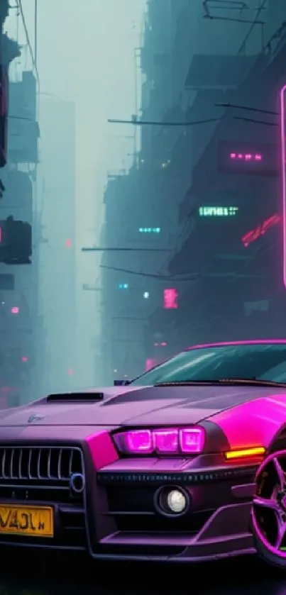 Futuristic car in neon-lit cyberpunk city scene.