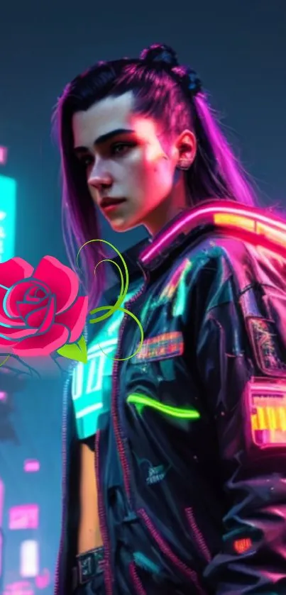 Vibrant cyberpunk character with neon colors.