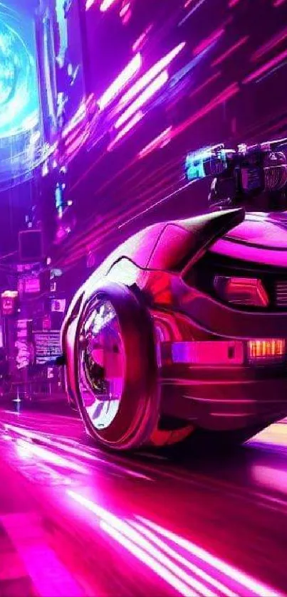 Futuristic car in a vibrant, neon-lit cyberpunk cityscape.