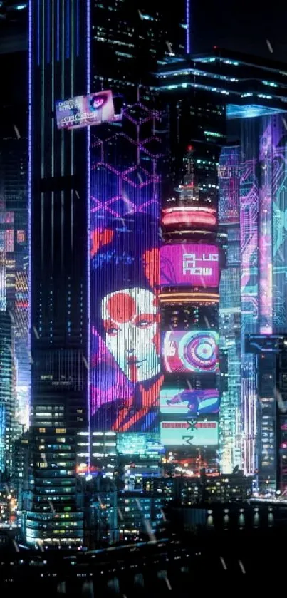 Futuristic cyberpunk cityscape with neon skyscrapers.