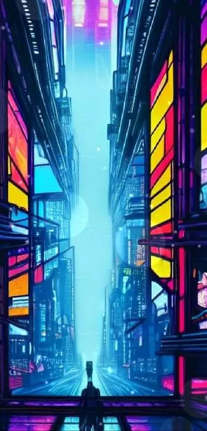 Futuristic cyberpunk cityscape with neon lights.