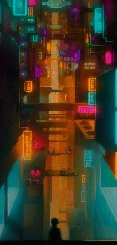 Cyberpunk cityscape with vibrant neon lights at night.