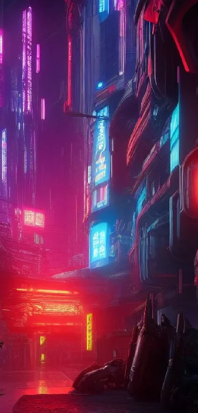 Cyberpunk cityscape with neon lights in pink hues.