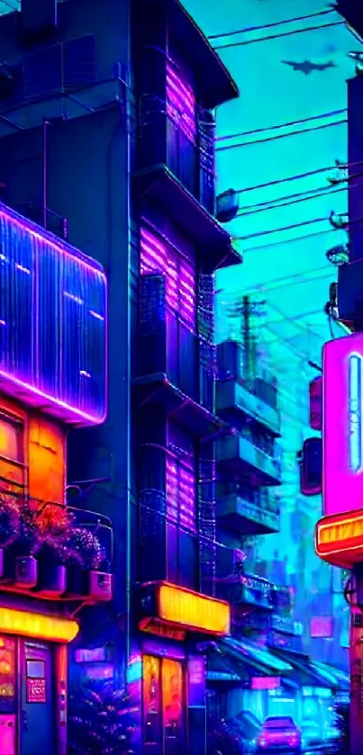 Vibrant cyberpunk cityscape with neon blue and pink lighting.