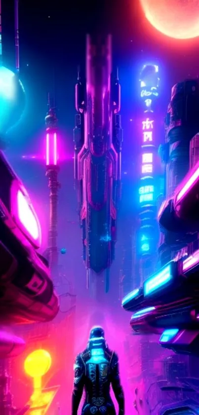 Futuristic cyberpunk cityscape with vibrant neon colors and sci-fi elements.