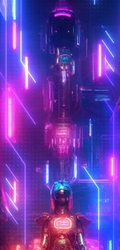 Futuristic cyberpunk cityscape with neon lights and advanced technology.