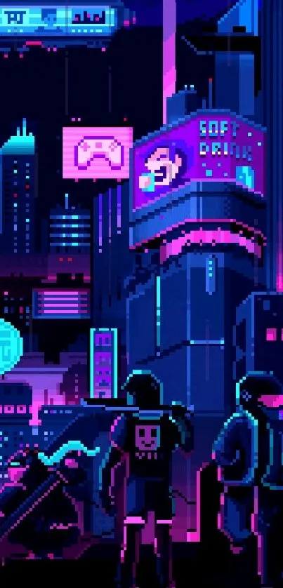 Cyberpunk cityscape with neon lights and futuristic buildings in vibrant colors.