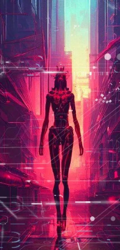 Futuristic humanoid in a neon cyberpunk cityscape.