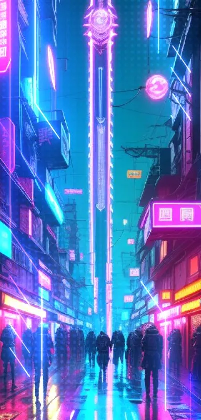 Cyberpunk cityscape with neon lights and futuristic elements.