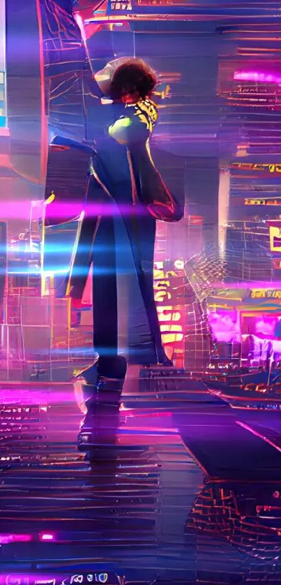 A cyberpunk cityscape with vibrant neon lights and futuristic design.