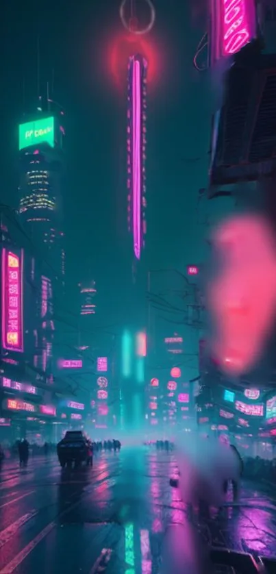 Futuristic cyberpunk city with neon lights and vibrant color scheme.