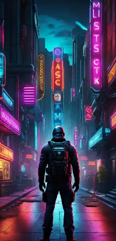 Neon-lit futuristic city street with lone figure, vibrant colors.