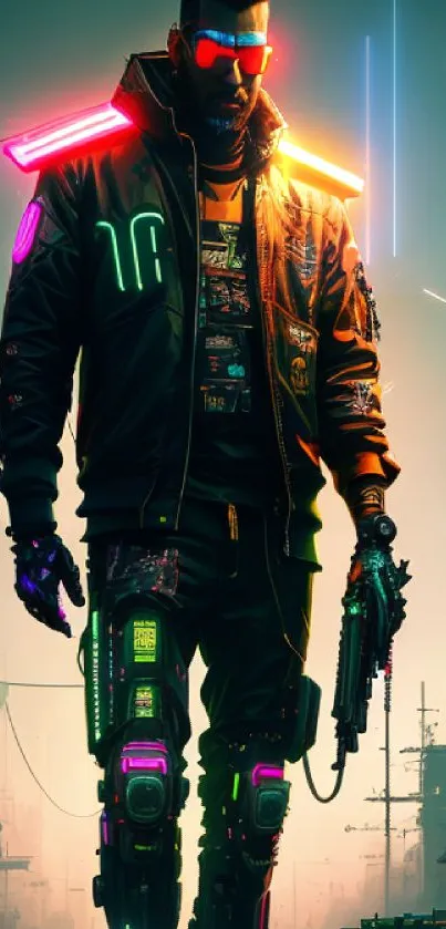 Futuristic cyberpunk character with neon lights in a vibrant cityscape.