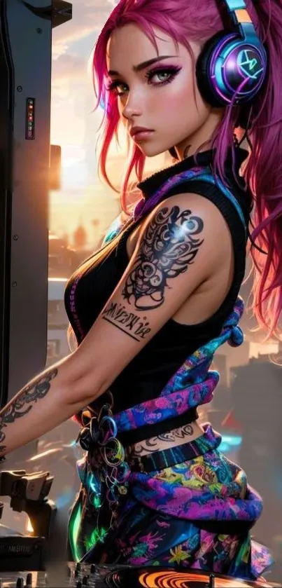 Vibrant cyberpunk DJ with pink hair and tattoos in futuristic setting.