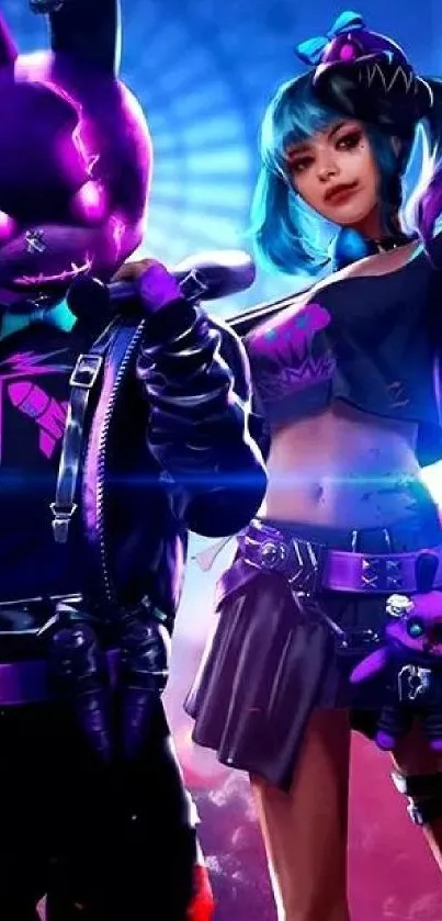 Cyberpunk duo in vibrant neon colors, perfect for mobile wallpaper.