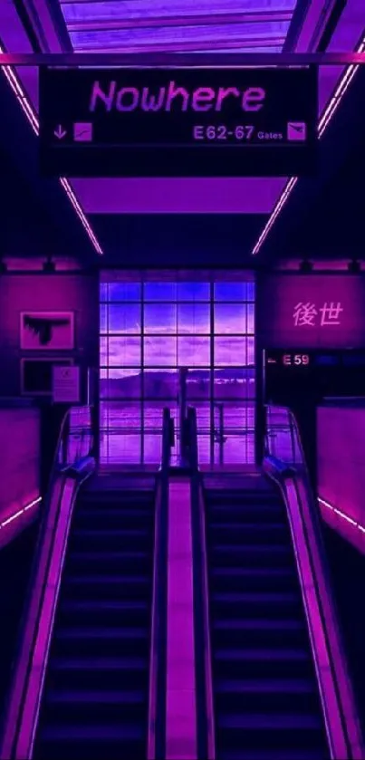 Cyberpunk escalator in neon purple light.