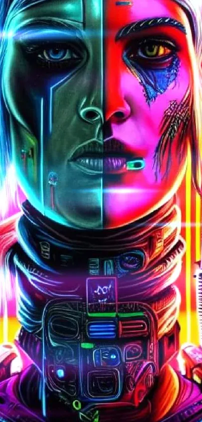 Vibrant neon cyberpunk face artwork for mobile wallpaper.