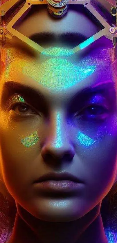 Vibrant cyberpunk face art with neon colors and futuristic design elements.