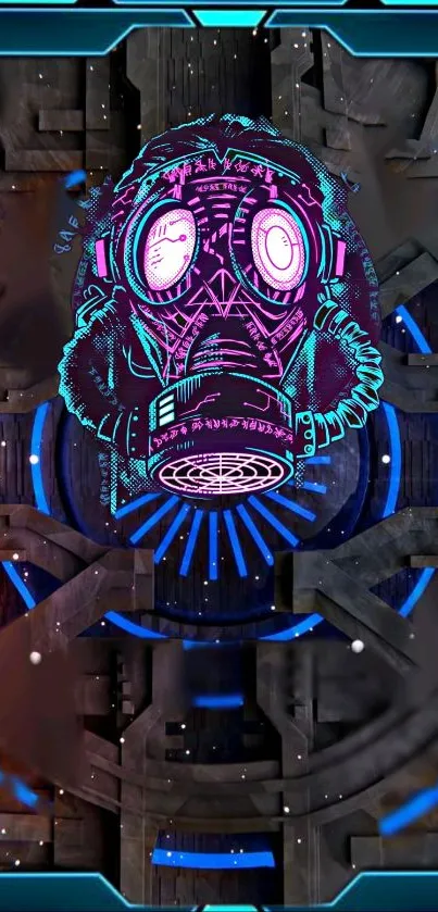 Neon cyberpunk gas mask on dark futuristic background.