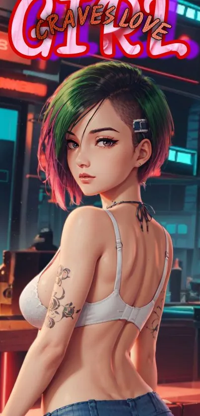 Anime girl with neon city background.