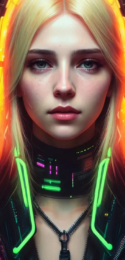 A futuristic girl with neon headphones in a cyberpunk style.