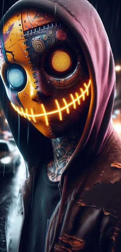 Cyberpunk character with neon glow mask in vibrant street scene.