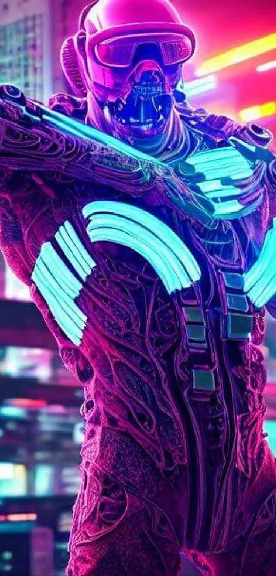 Cyberpunk neon art with a tech figure in vibrant cityscape.