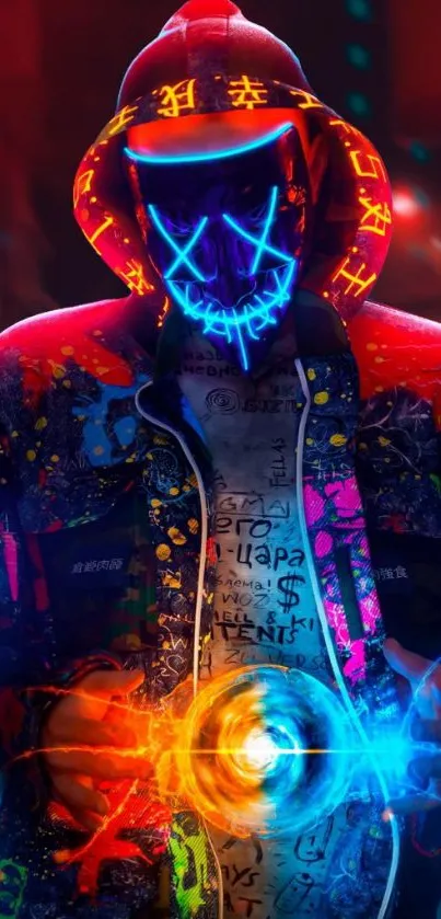 Dynamic cyberpunk figure with neon lights in colorful hoodie.