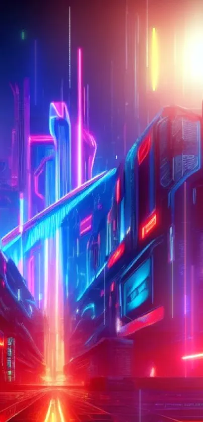 Cyberpunk cityscape with neon lights in a futuristic setting.