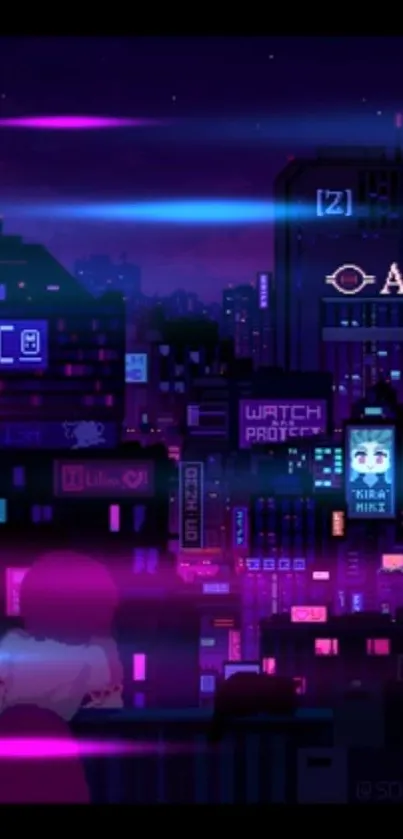 Cyberpunk cityscape with neon lights in vibrant purple hues.