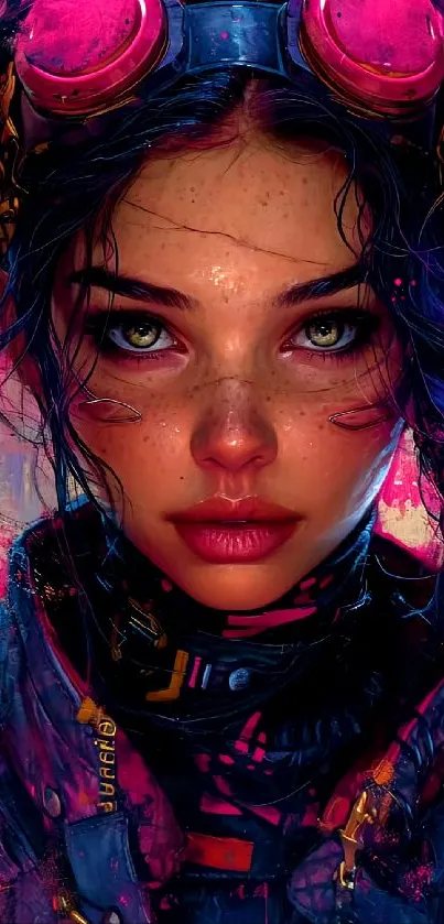 Cyberpunk portrait with vibrant magenta hues and intricate futuristic design.