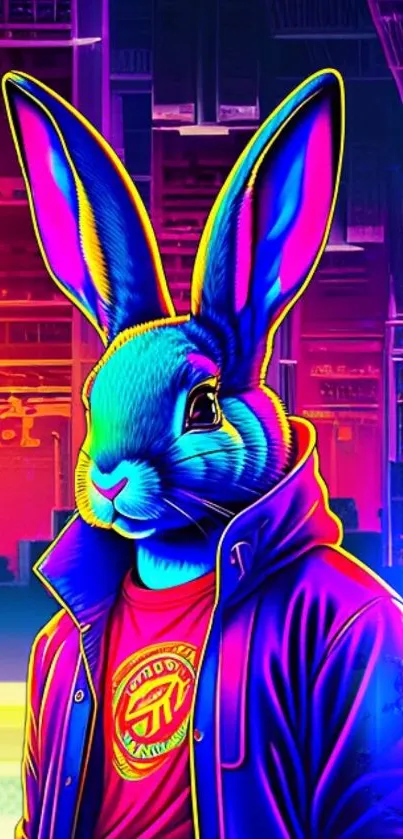 Vibrant neon-lit cyberpunk rabbit with colorful design in futuristic setting.