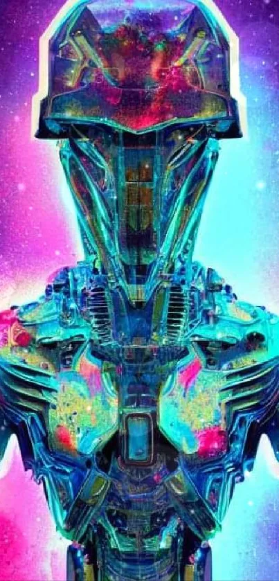 Vibrant cyberpunk robot with galaxy backdrop.