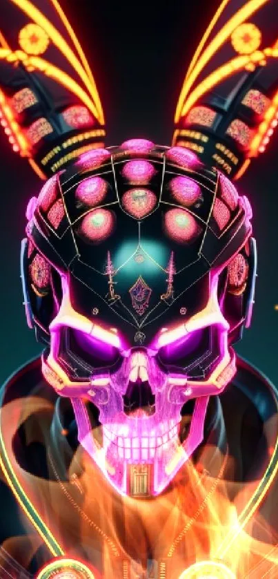 Vibrant cyberpunk skull with neon design elements, perfect for mobile screens.