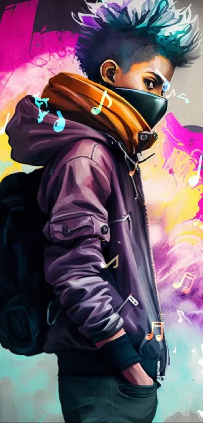 Cyberpunk character with vibrant graffiti backdrop on mobile wallpaper.