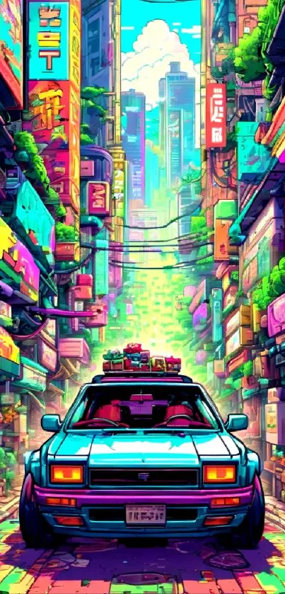 Futuristic cyberpunk street with neon lights and a retro car.