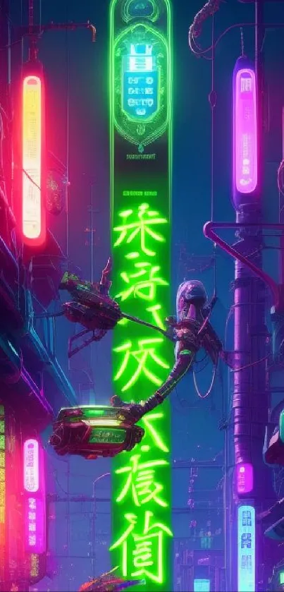 Colorful cyberpunk street scene with neon lights.