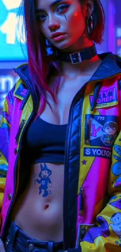 Cyberpunk street fashion with vibrant colors and neon lights.
