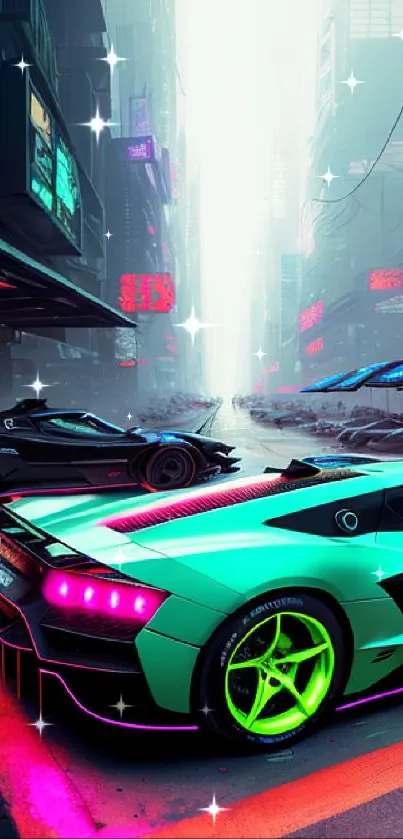 Neon sports cars in a cyberpunk cityscape with vibrant neon colors.